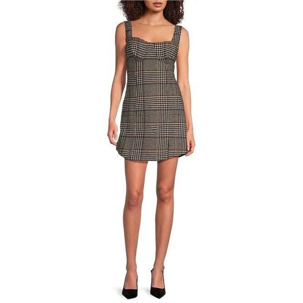 Le' AL.X Glen Plaid Bustier Mini Dress Cutout Back Houndstooth Wool Blend Sz M